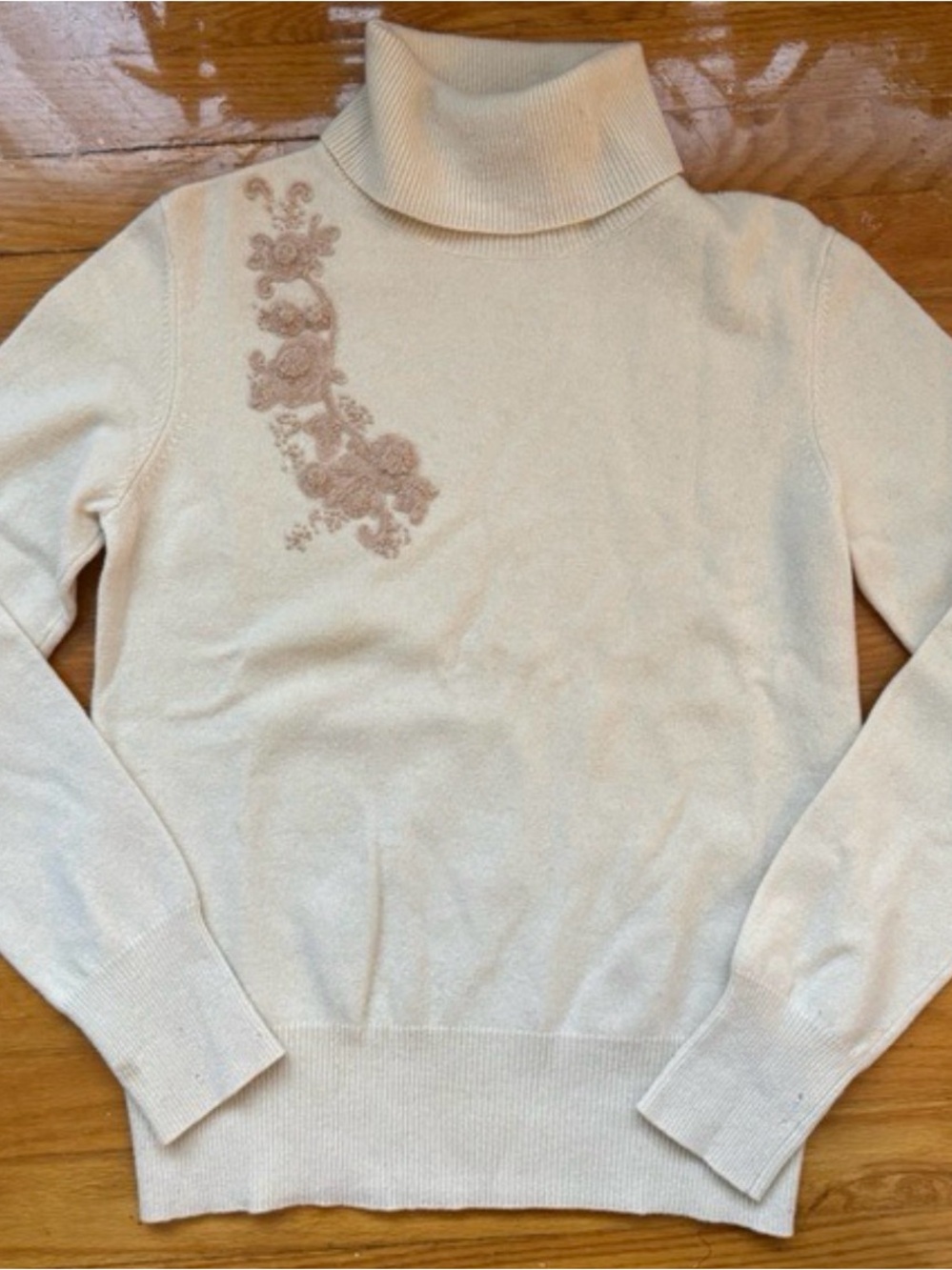 Vintage Valentino Turtleneck Cream Cashmere Sweater with Embroidered Accent